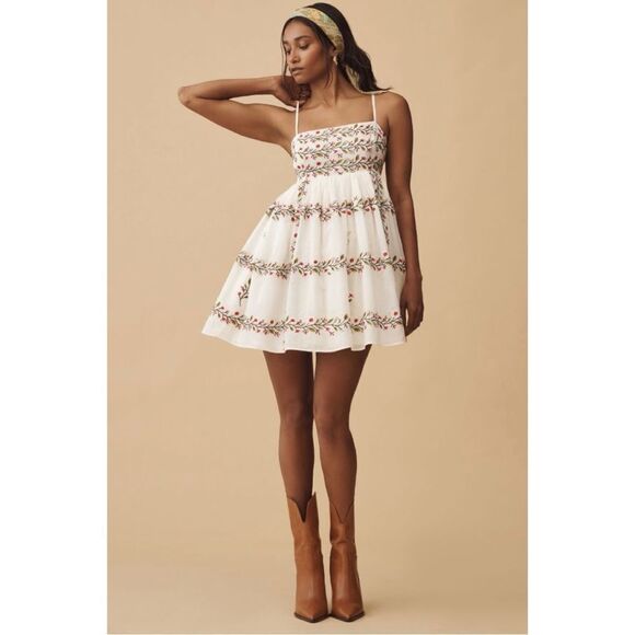 NEW Anthropologie Samant Chauhan Square-Neck Floral Embroidered Mini Dress XXS - Picture 1 of 5